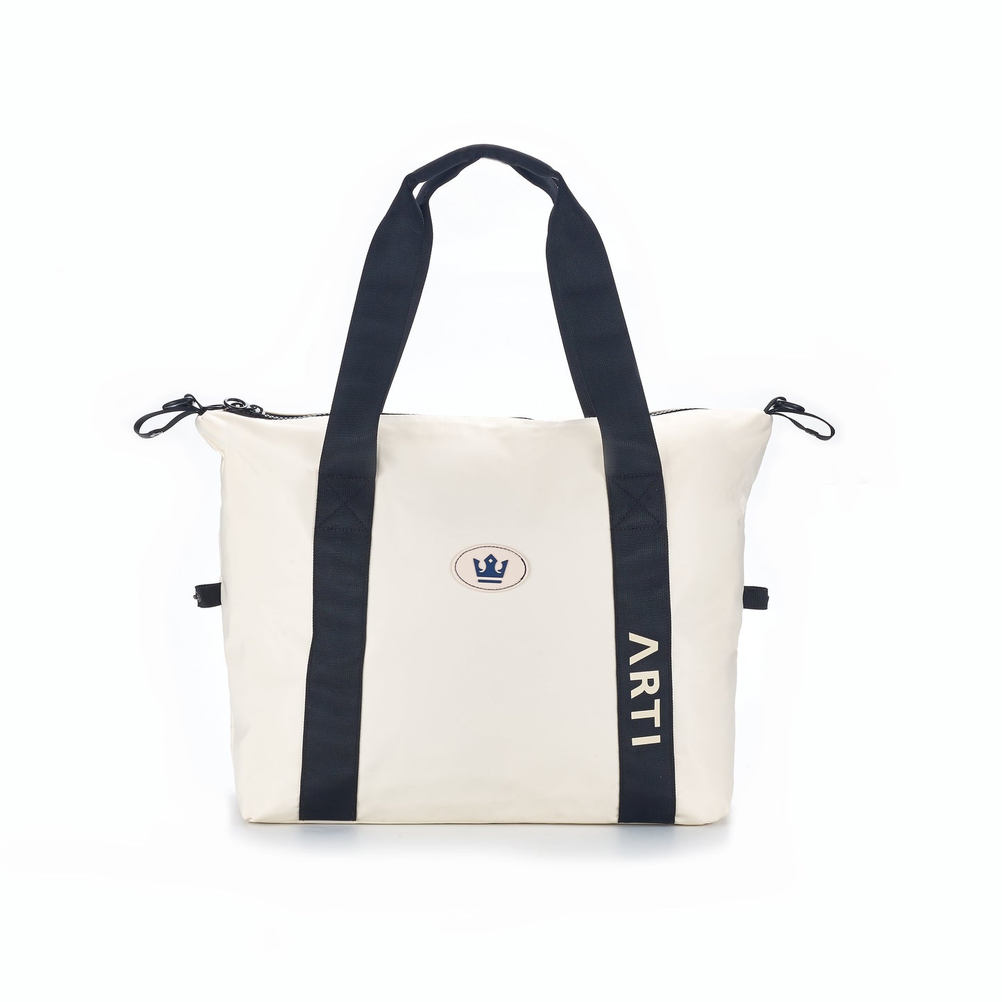 The ARTI Cream Duffle Bag by ARTI is a stylish cream polyester bag with black handles and a zippered top, featuring a blue crown logo and "ARTI" on the handle. Inspired by the Signature Duffle, it stands out against a plain white background.
