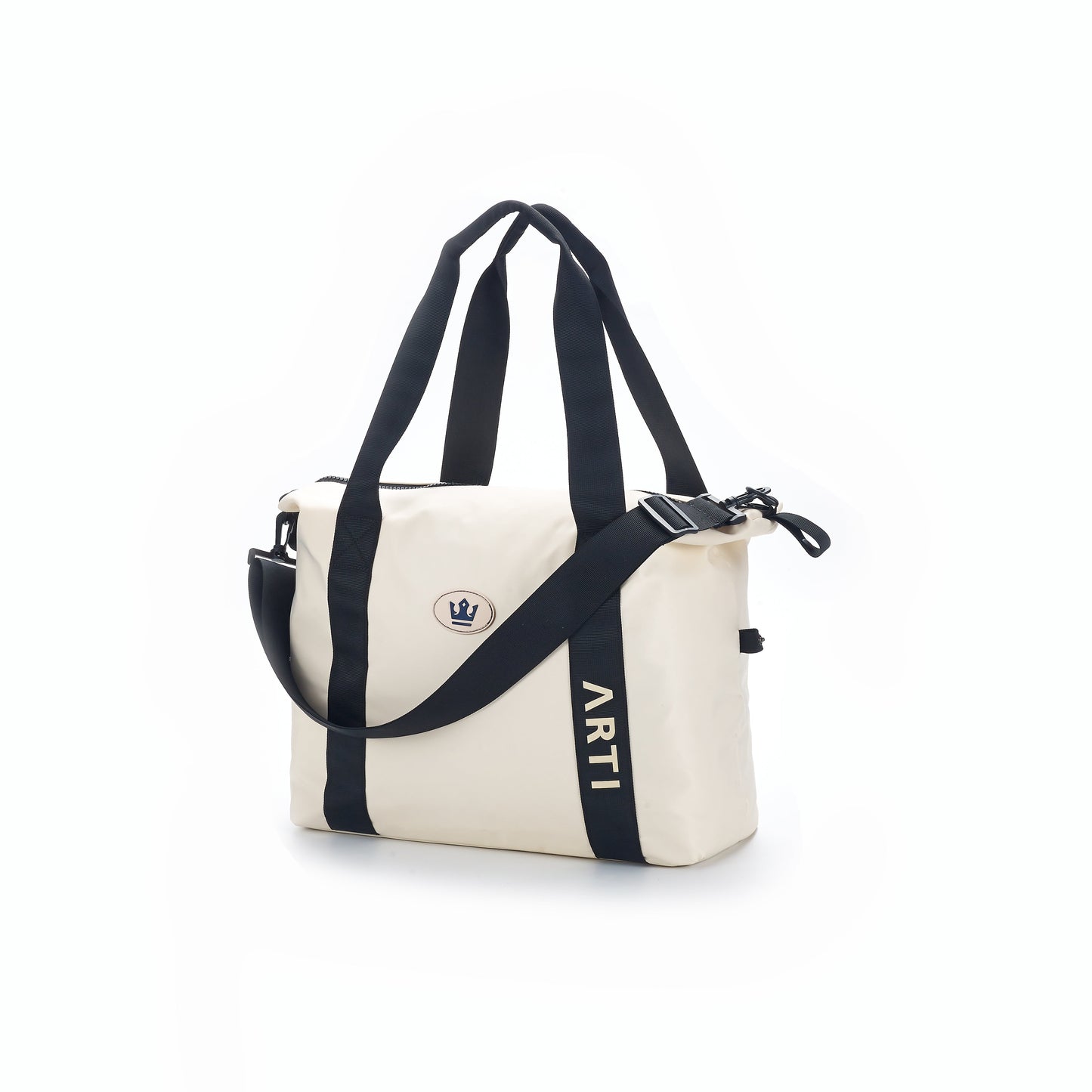 The ARTI Cream Duffle Bag by ARTI features black handles, an adjustable shoulder strap, a small crown logo patch, and "ARTI" printed vertically on one strap—your perfect polyester travel companion. Plain white background.