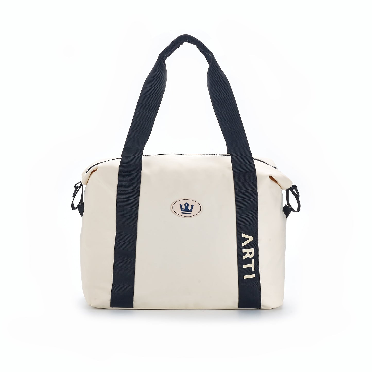 The ARTI Cream Duffle Bag features black handles and vertical straps, a crown logo inside an oval, and "ARTI" printed vertically—a stylish polyester travel bag from ARTI shown against a plain white background.