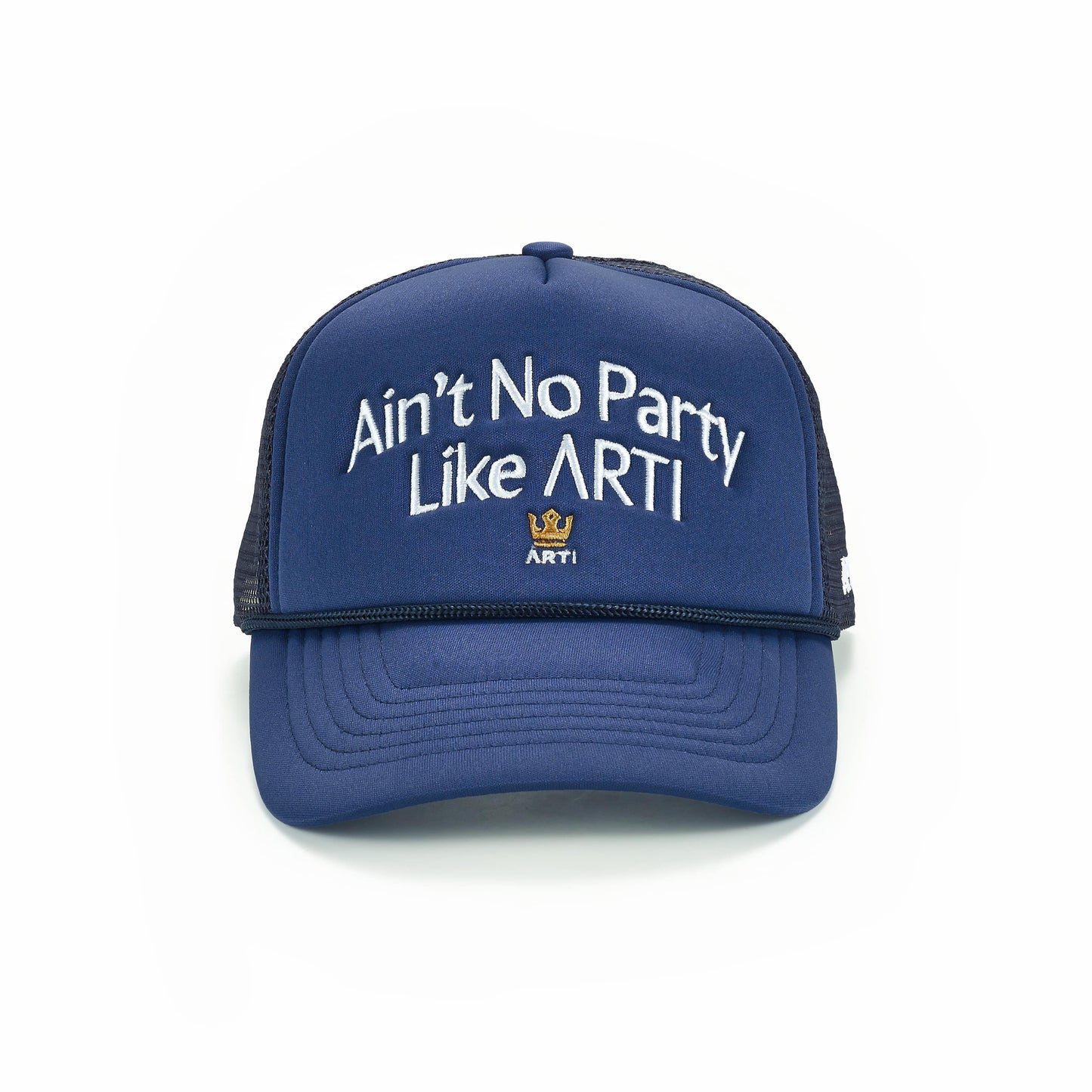 The ARTI "Ain't No Party Like ARTI" Trucker Hat is a blue, lightweight classic trucker hat featuring white embroidery and a gold crown above ARTI, shown against a plain white background.