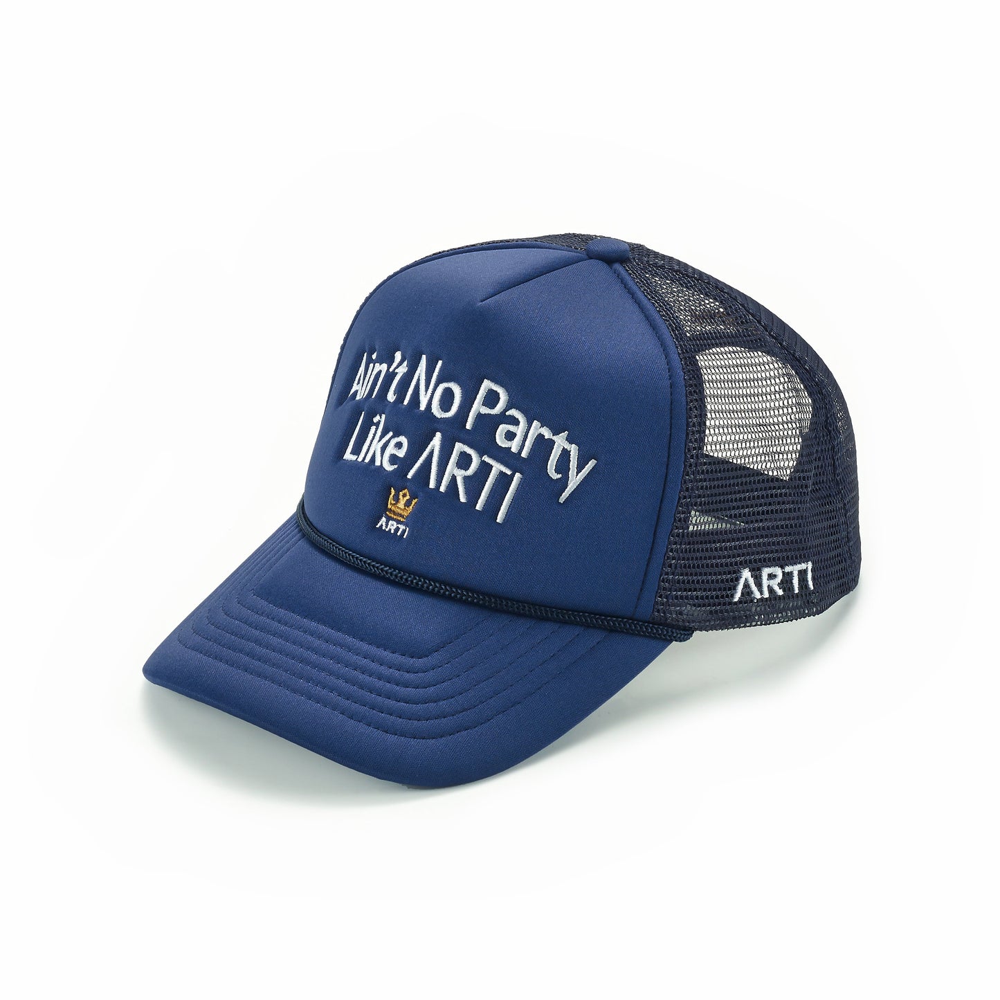 The Ain't No Party Like ARTI Trucker Hat by ARTI is a lightweight, navy blue mesh hat with a structured brim. It features “Aint No Party Like ARTI” and the ARTI logo embroidered in white on the front and side panels.