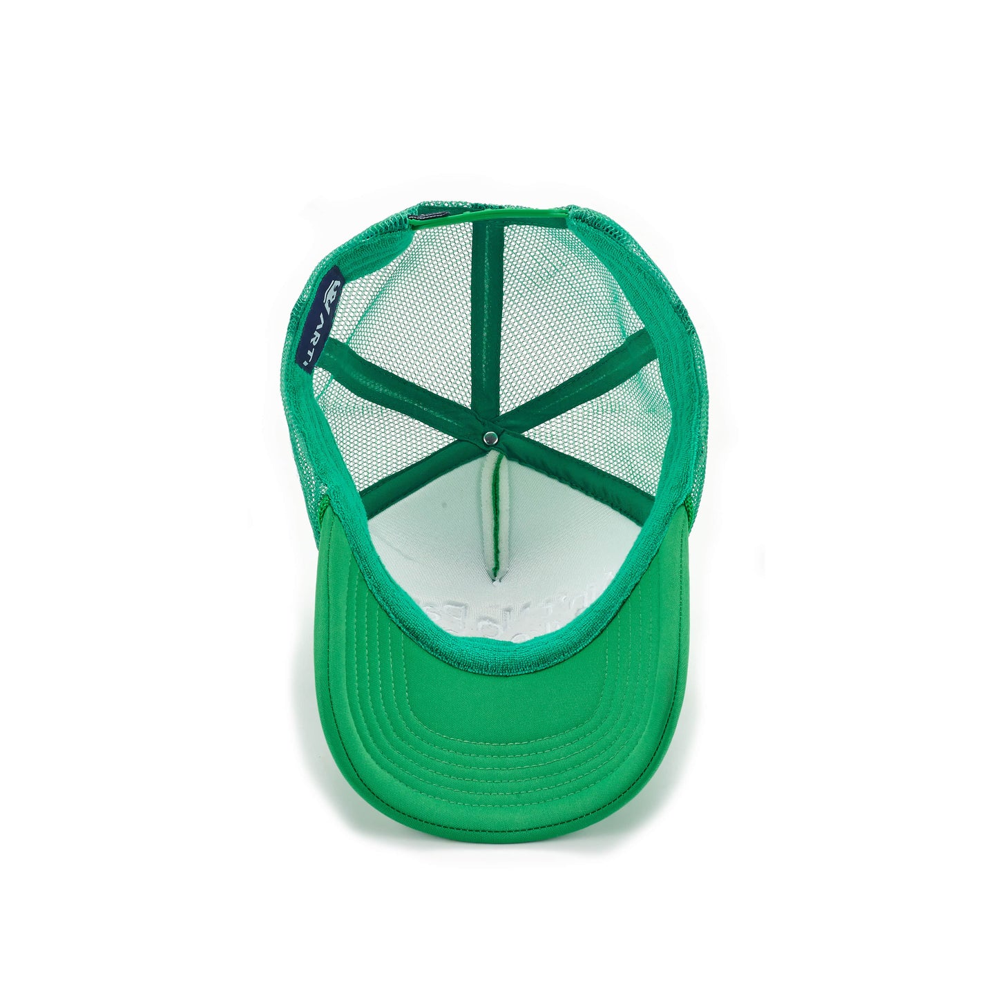 The Ain't No Party Like ARTI Trucker Hat by ARTI is shown from above with the bill down, featuring a bright green color, mesh back panels, snapback closure, and a metal crown button on a plain white background.
