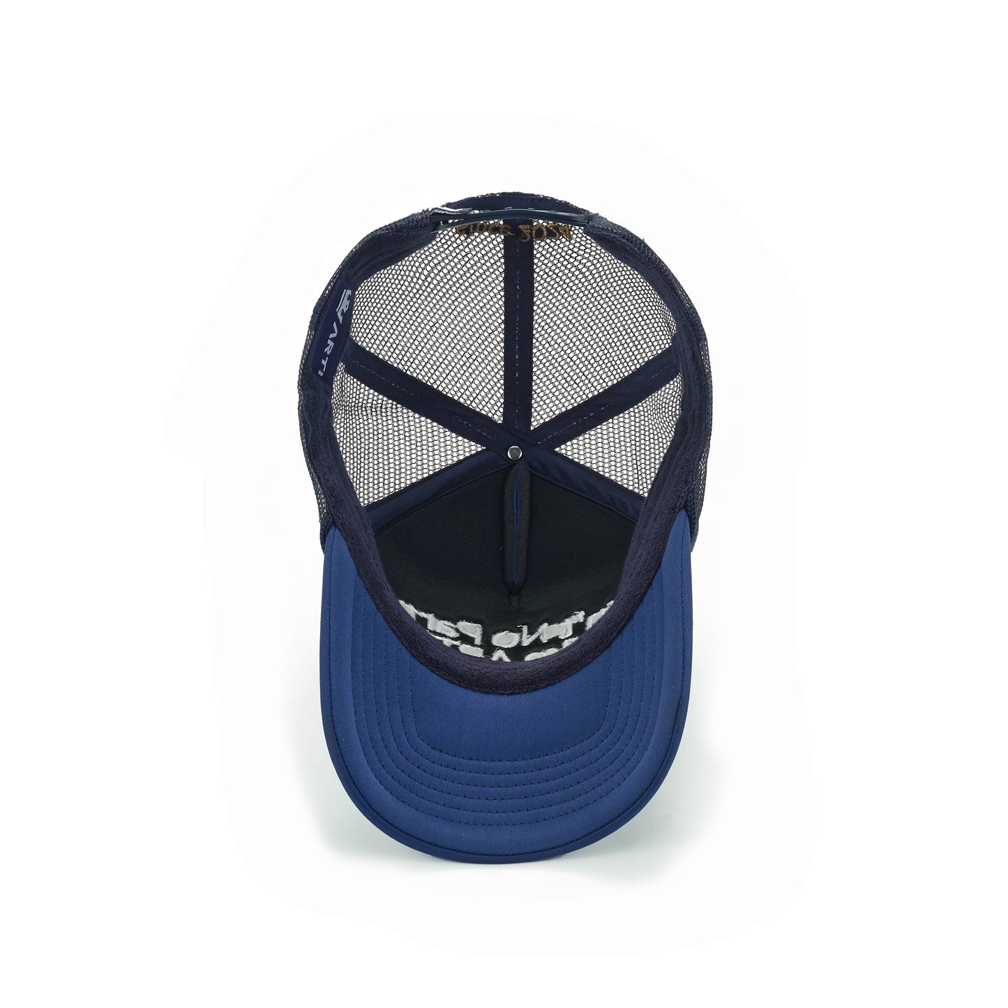 The Ain't No Party Like ARTI Trucker Hat by ARTI is a navy blue sports hat with a solid blue front, curved brim, black mesh sides and back, inside sweatband with stitching, and an adjustable clasp for comfort.