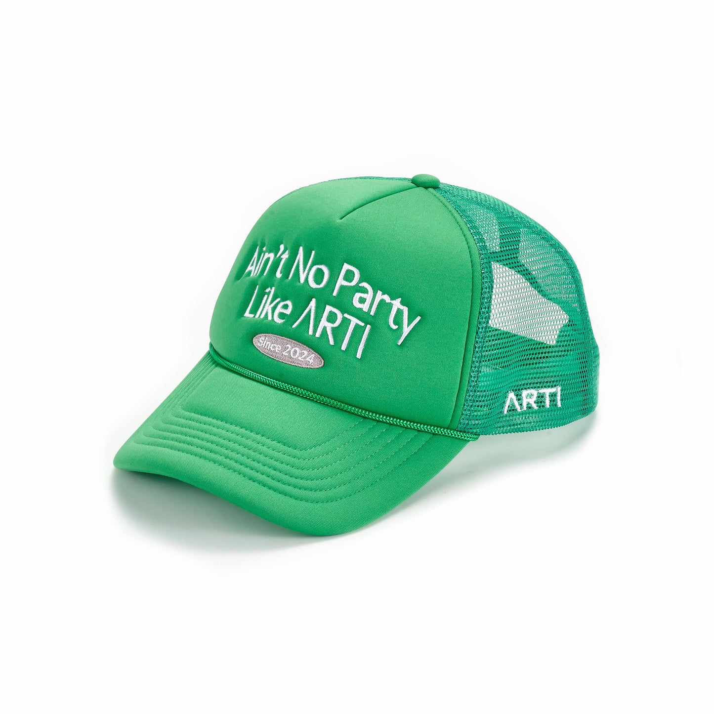 The ARTI "Ain't No Party Like ARTI" Trucker Hat is bright green with white mesh, features white embroidered text, a “Since 2024” oval badge on the brim, and “ARTI” stitched on the left side.