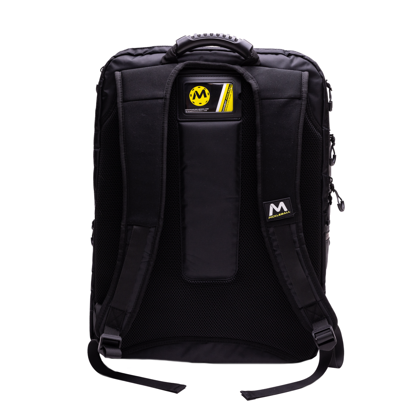 The MW-PRO Bag / Travel Bag by Moment Pickleball in Black/Silver is shown from the back, with padded shoulder straps, a cushioned back panel, top handle, and yellow MW branding. Side zippers offer easy access to your pickleball gear.