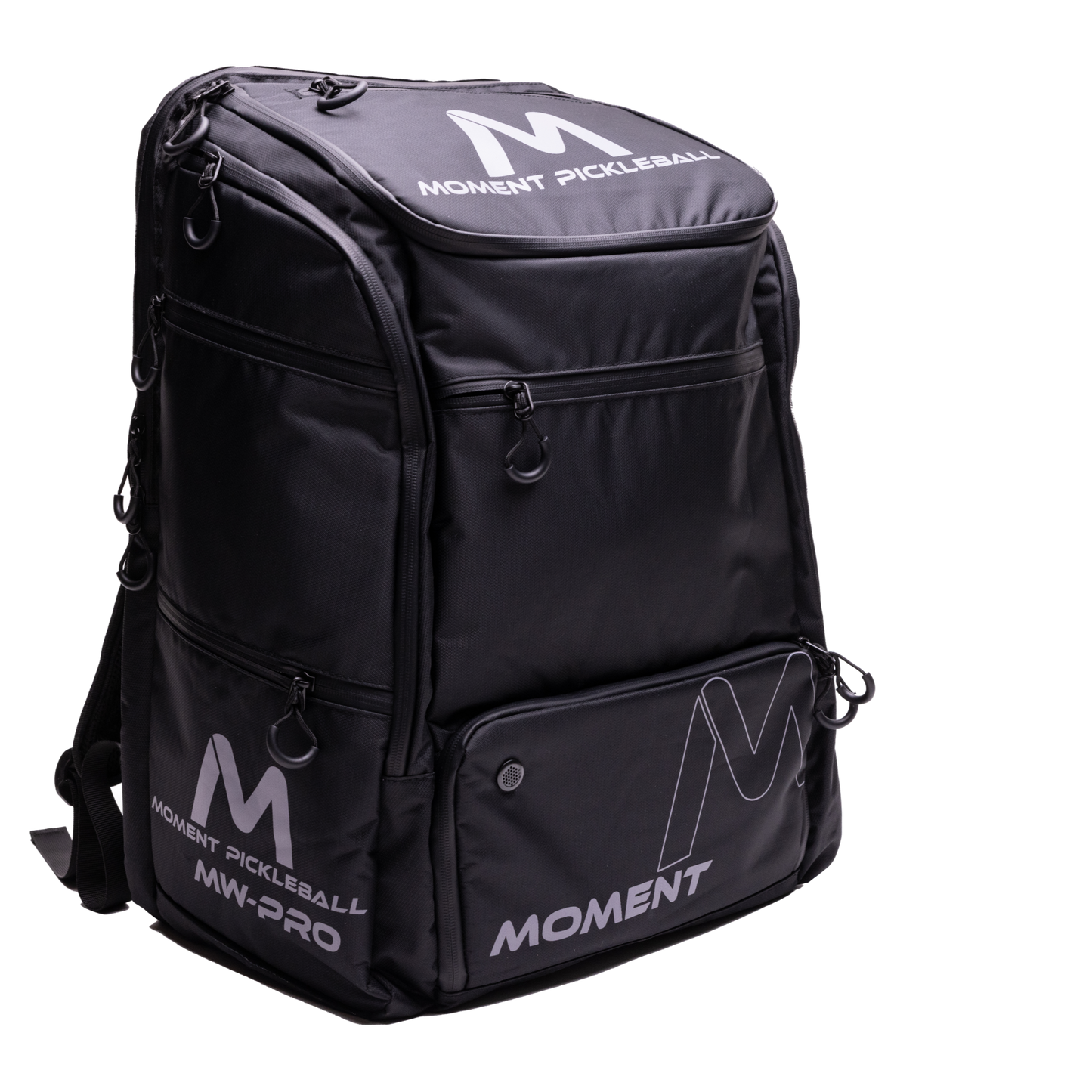 The MW-PRO Bag/Travel Bag in Black/Silver by Moment Pickleball features multiple zippered compartments, side pockets, and padded shoulder straps—ideal for carrying all your pickleball gear. “MOMENT PICKLEBALL” and “MOMENT” in white.