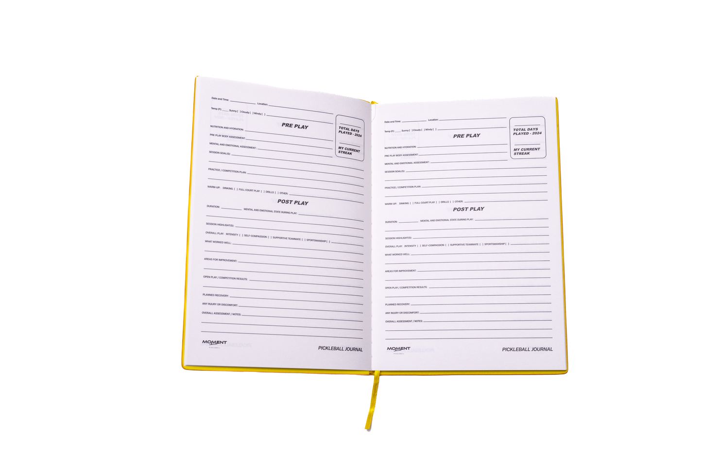 The Moment Pickleball Practice & Play Mindfulness Journal by Moment Pickleball is open on a white background, showing two structured pages for session tracking labeled “PRE PLAY” and “POST PLAY,” plus a yellow ribbon bookmark.