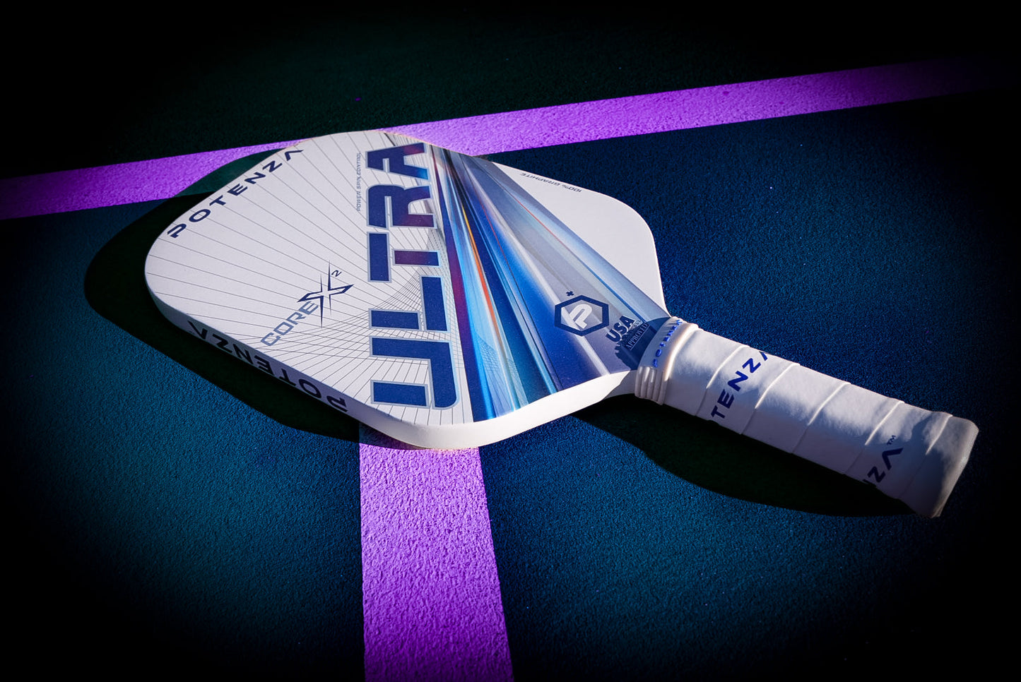 The Potenza Pickleball ULTRA+ COREx2 paddle, crafted with graphite, offers precision and control on the court.