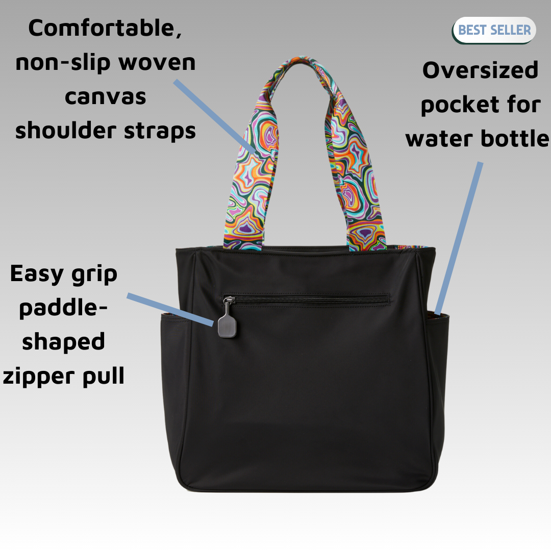 The Lulu Pickleball Tote by Playly Store is shown in black with a colorful patterned shoulder strap. Features include non-slip canvas straps, an oversized water bottle pocket, and an easy-grip paddle zipper pull. "Best Seller" appears at the top right.