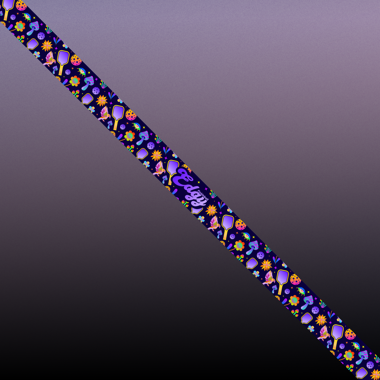 Add a trippy touch to your paddle with Edgy Pickleball's Psychedelic Edge Tape (3 pack) featuring a purple and black background with a bold purple stripe—ideal for unique pickleball style.