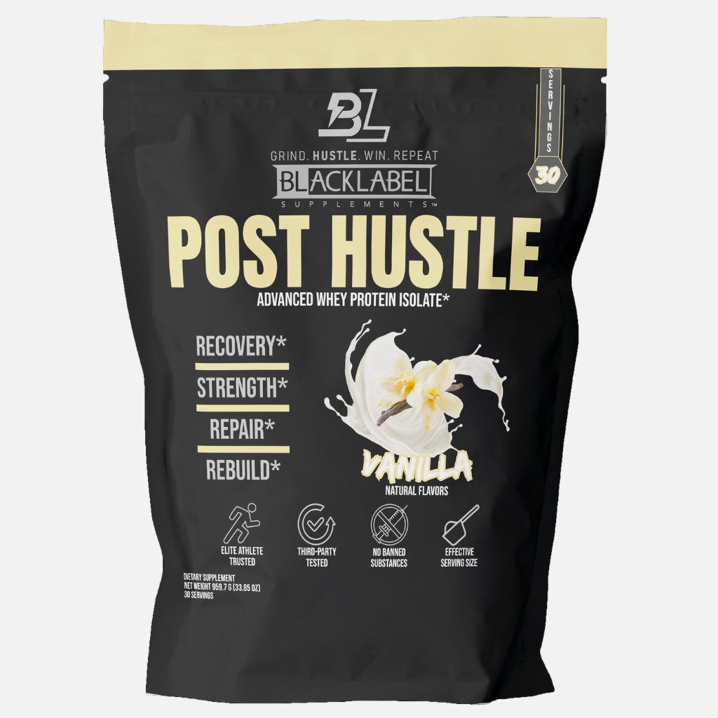 A black and beige bag of BLACKLABEL Supplements POST HUSTLE Advanced Whey Protein Isolate, vanilla flavor, featuring a vanilla flower. Highlights: post-workout muscle recovery, strength, repair, rebuild benefits, 30 servings, and product assurances.