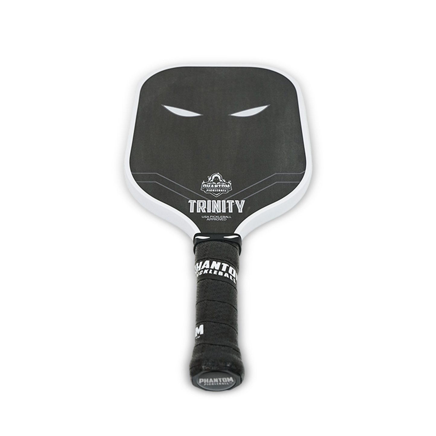 The Phantom TRINITY 14MM T700 Raw Carbon Fiber Paddle by Phantom Pickleball features a black paddle with white stylized eyes, “PHANTOM TRINITY” printed on both the paddle and grip, a white edge, and a black textured handle for enhanced play.