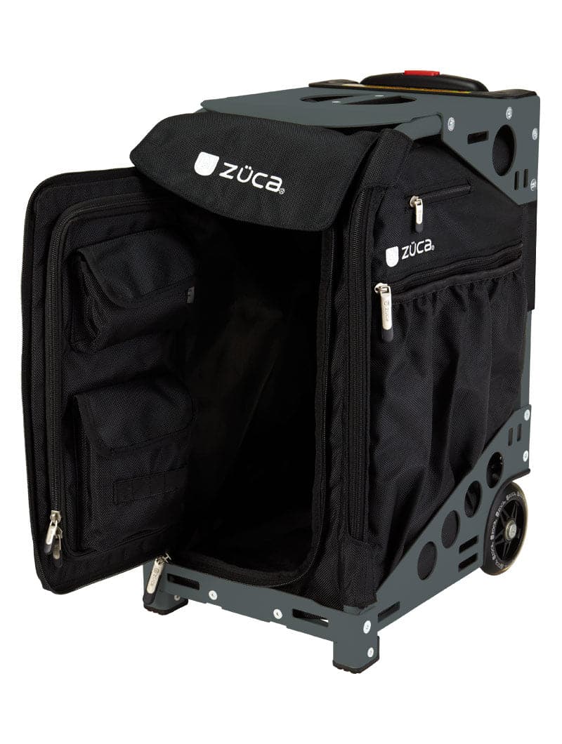 The ZUCA Pickleball Pro Black/Black rolling bag features a sturdy metal frame, large wheels, telescoping handle, spacious zippered main compartment with mesh pockets, side pockets, and stands upright for easy pickleball gear storage.