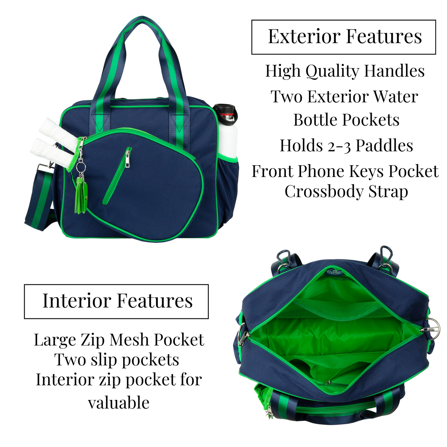 The Queen of the Court Prepster Pickleball Bag for women is shown in navy blue and green from two angles, featuring quality handles, exterior water bottle pockets, room for 2–3 paddles, a front pocket, crossbody strap, and interior organization.