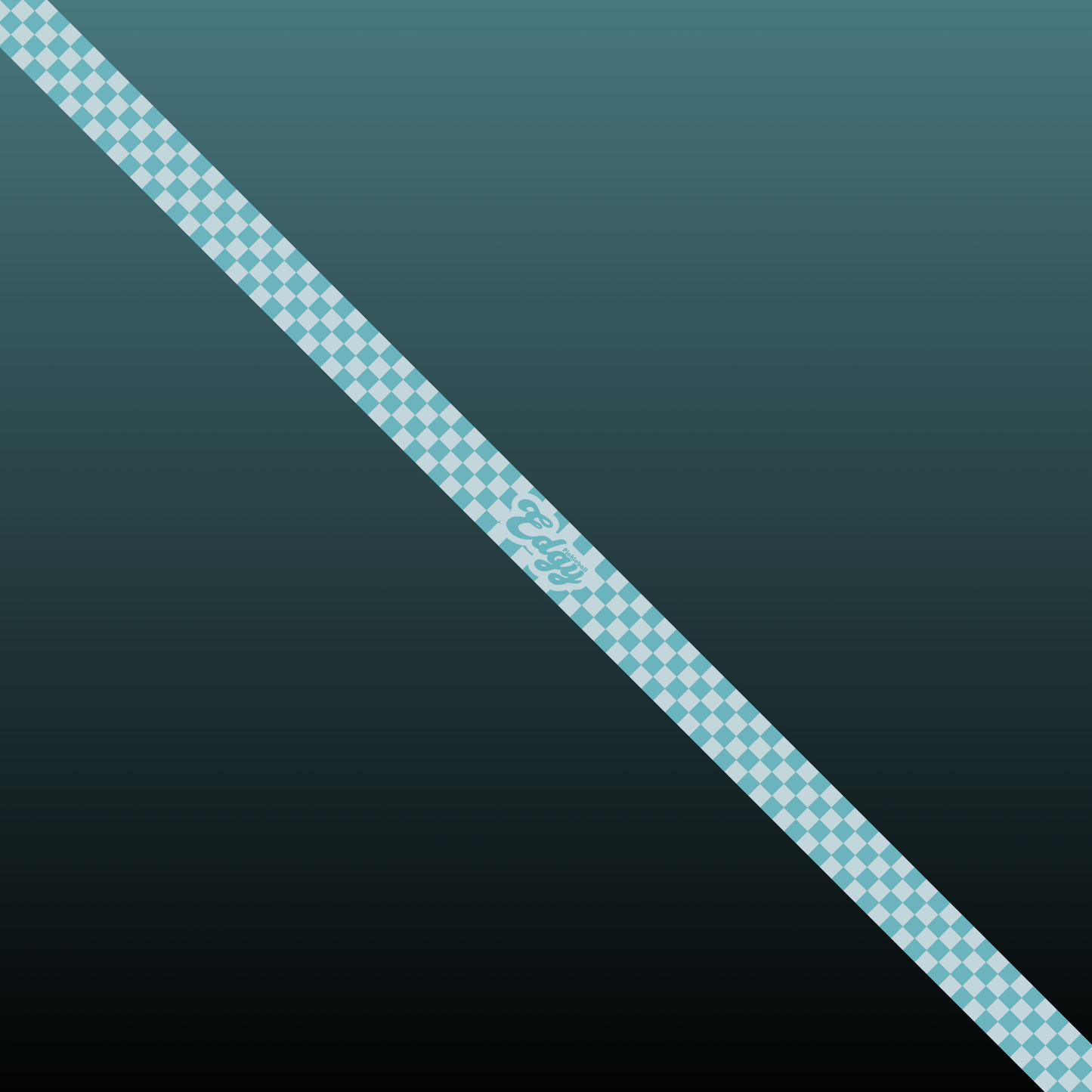 A blue-and-white Mint Checkers Edge Tape from Edgy Pickleball runs diagonally across a dark, gradient background, with “Enjoy” in light blue script—a stylish pickleball paddle accessory. Available in a 3 pack.