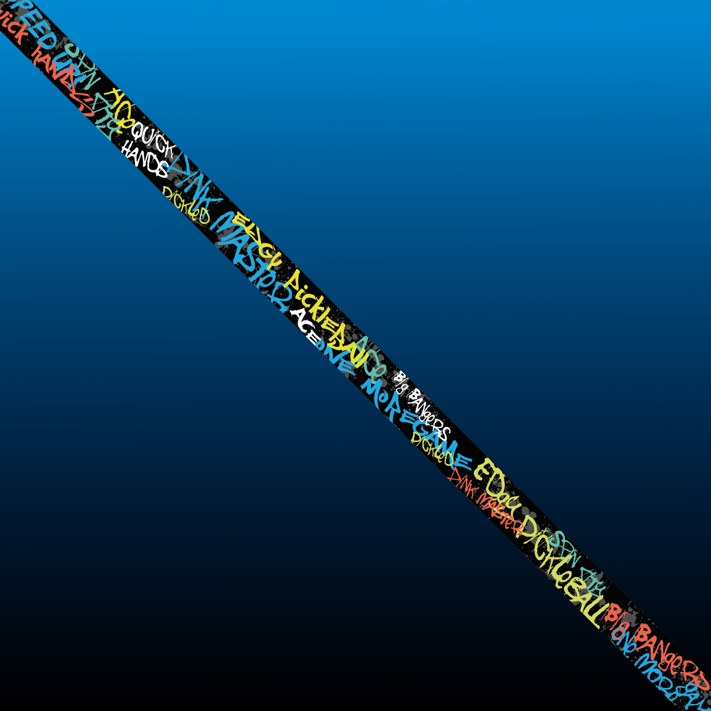 Add bold, street-art style to your paddle with Edgy Pickleball’s Graffiti Edge Tape (3 pack), featuring vibrant graffiti words on a blue gradient stripe—perfect for protecting and personalizing any pickleball paddle.