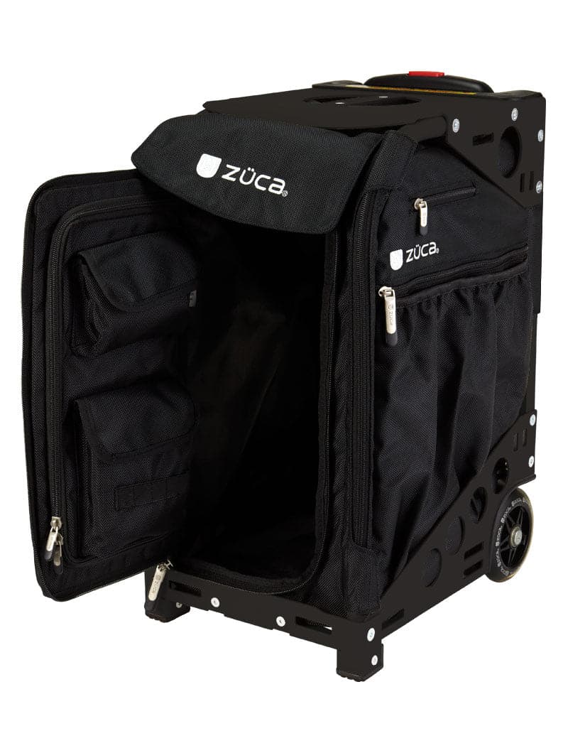 The ZUCA Pickleball Pro Black/Black rolling bag features a sturdy metal frame, open front flap, inner compartments, side zipper pocket, mesh side pocket, and two wheels for easy transport and organized pickleball gear storage.