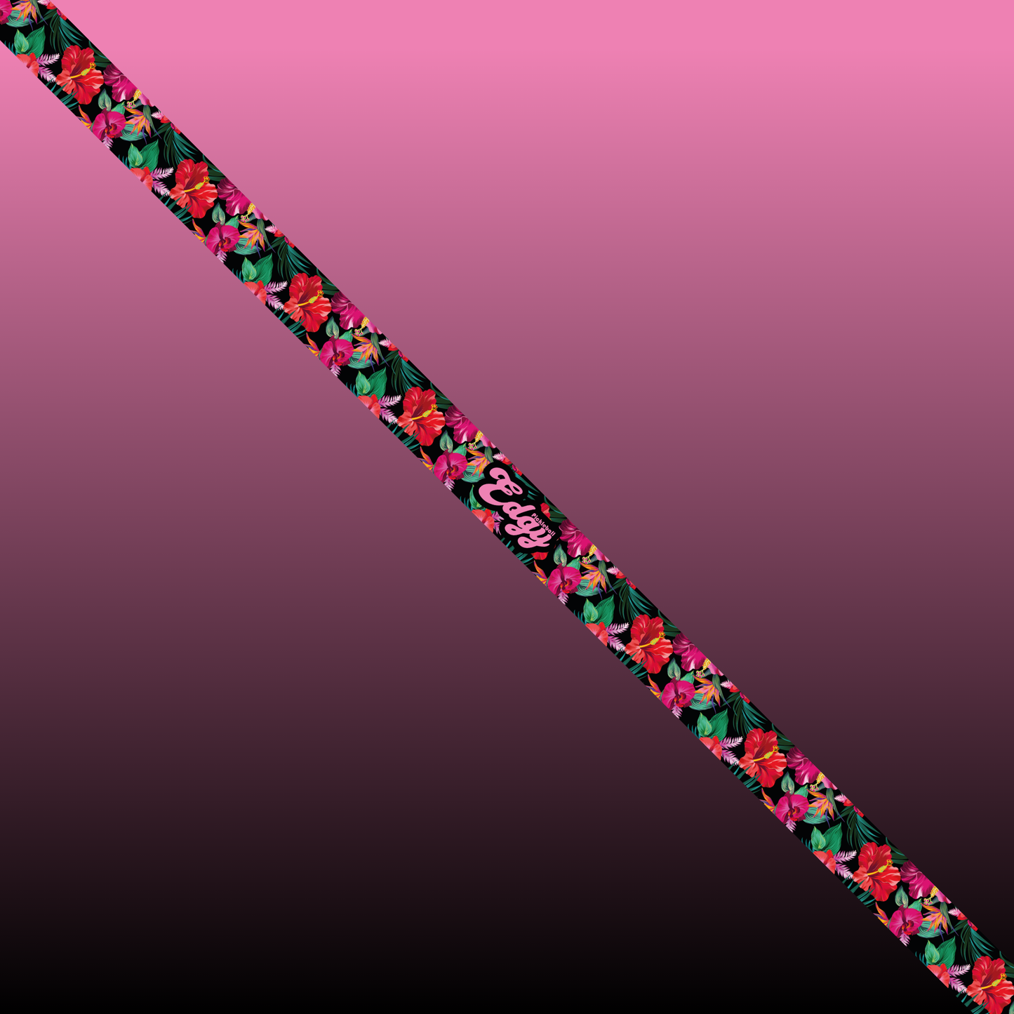 The Edgy Pickleball Realistic Floral Edge Tape (3 pack) features vibrant pink, red, and purple flowers on black, plus bold HAPPY B-DAY text—an eye-catching pickleball paddle accessory for birthdays on a pink-to-black gradient background.