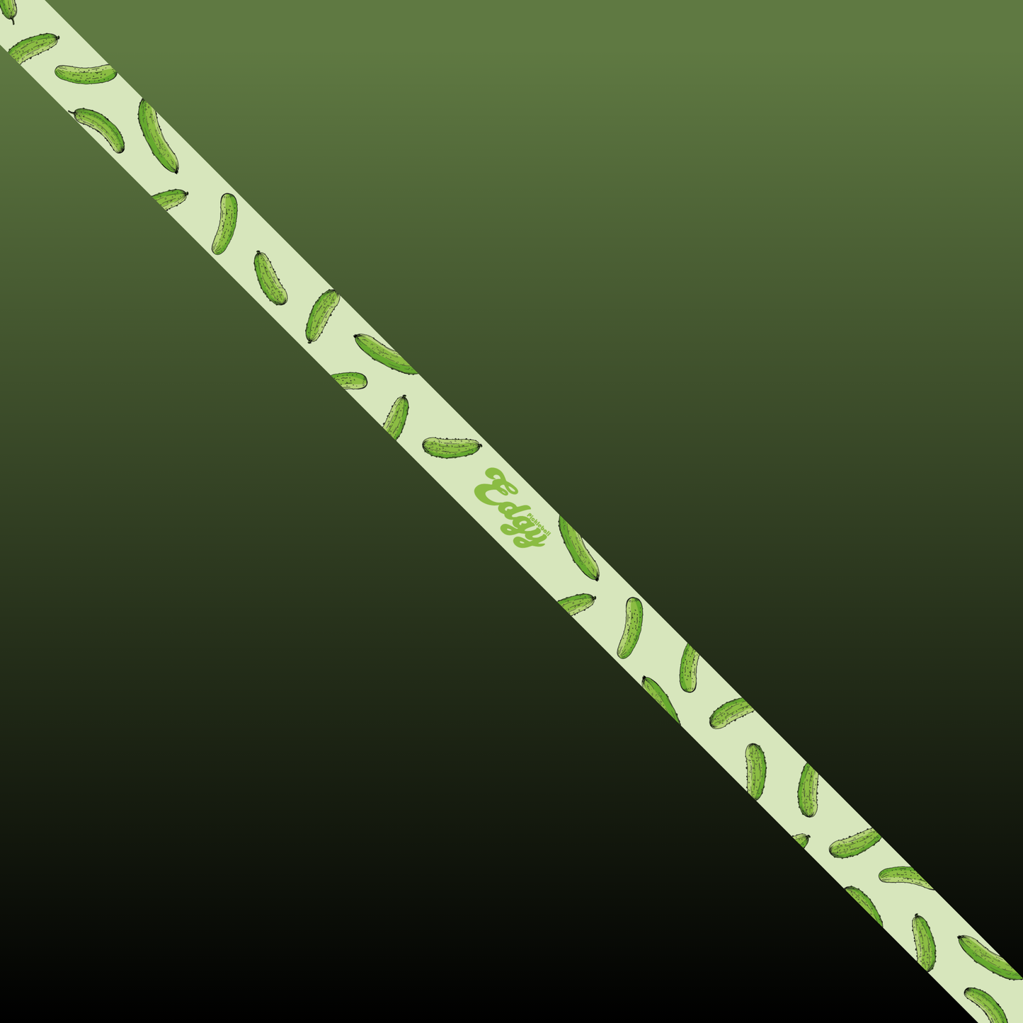 Edgy Pickleball’s Dill Pickle Edge Tape (3 pack) features a diagonal light green strip with illustrated pickles and “Pickle Power” on a dark green gradient—perfect for protecting your pickleball paddle edge.