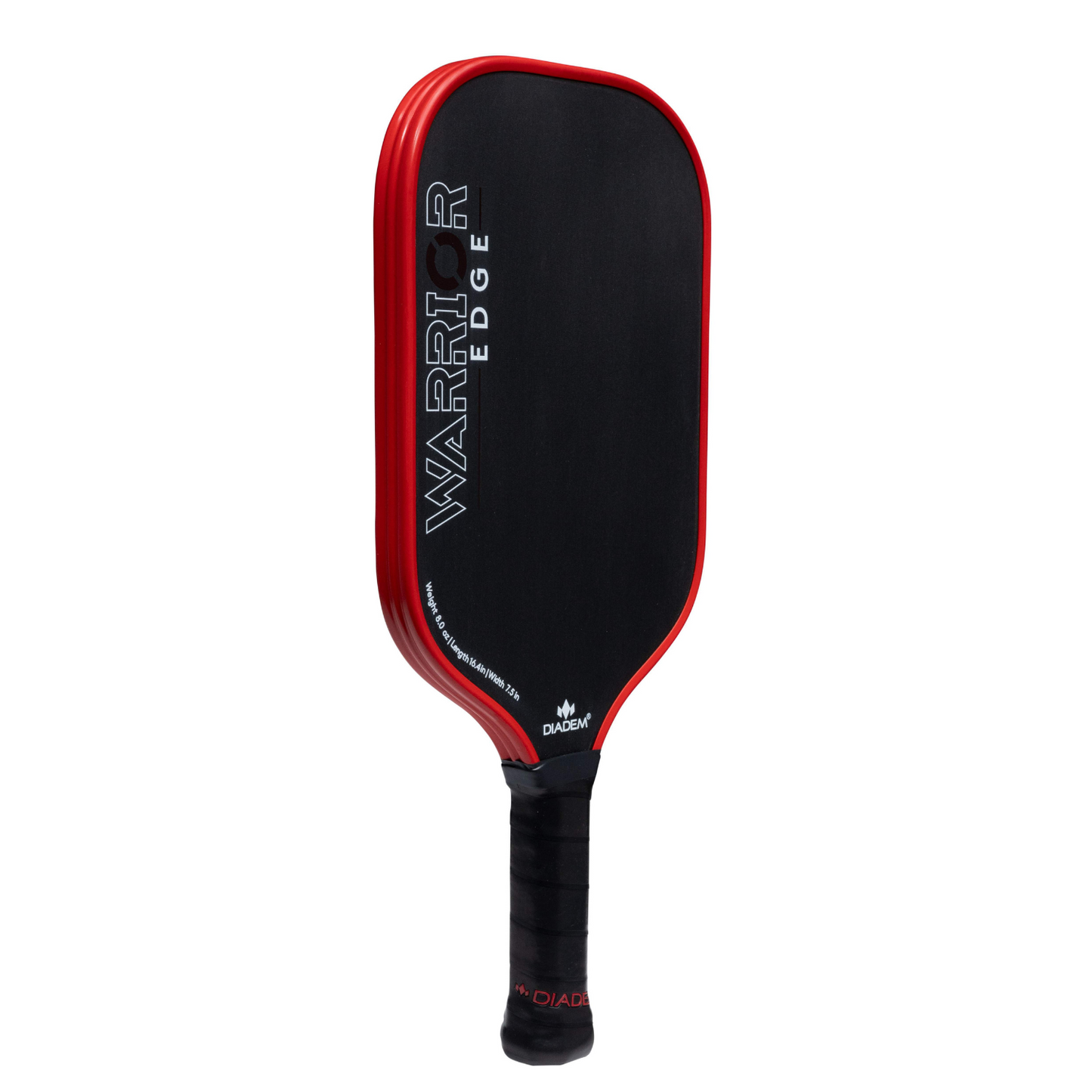 The Diadem Sports Warrior Edge pickleball paddle is black with a red edge, “WARRIOR EDGE” printed diagonally in white, and a black grip tape handle. This USAPA approved paddle has a rectangular shape with rounded corners.