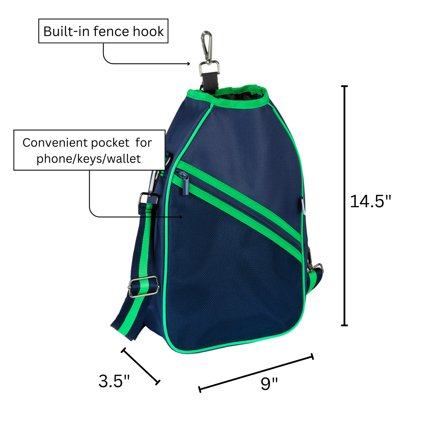 The Queen of the Court Essentials Pickleball Bag is a navy blue crossbody with green edging, 14.5" x 9" x 3.5". It features a fence hook, zippered side pocket for essentials, and visible side straps—perfect for carrying your pickleball gear.
