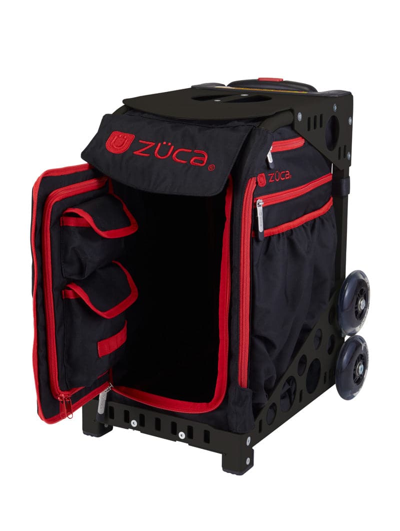 The ZUCA Pickleball Sport Black/Red bag is shown open with red trim, front flap with logo, inner gear pockets, sturdy wheels, and a reinforced ventilated frame.