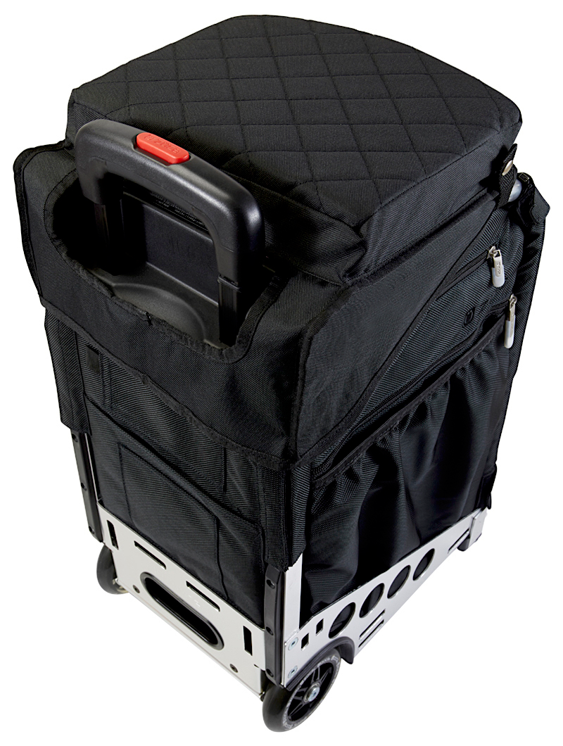 A durable black ZUCA Sport rolling cart with the Pro/Sport Padded Seat Cushion, multiple zippered compartments, a telescoping handle, side pockets, and two visible wheels on a metal frame for efficient organization.