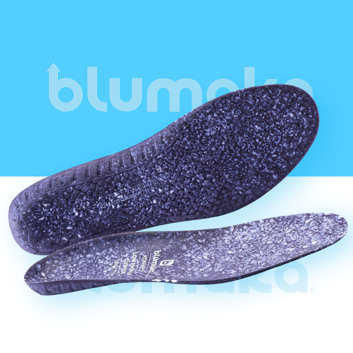 A pair of Blumaka NonSlip ‘FoamLock’ Performance Insoles in textured dark blue with a speckled pattern are displayed on a split blue and white background, showing top and bottom views with subtle Blumaka branding.