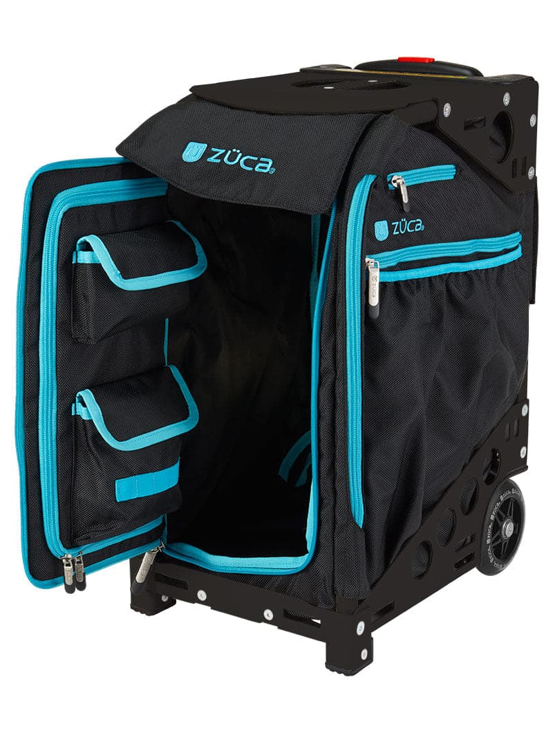 The ZUCA Pickleball Pro Black/Blue rolling bag features a sturdy metal frame, smooth wheels, and multiple interior pockets for organized pickleball gear storage. Its front flap unzips to reveal spacious compartments for easy access and transport.