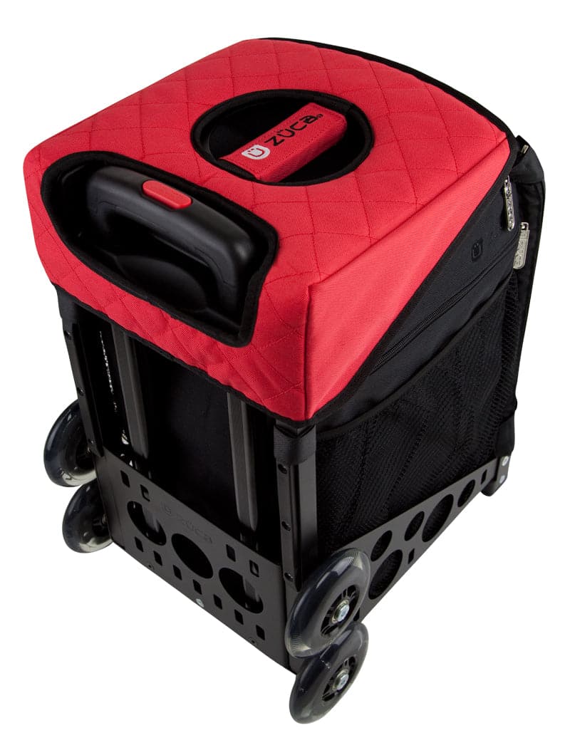 A black ZUCA rolling cart with four wheels, quilted red cover, built-in handle, mesh side pockets, zippered compartment, sturdy frame with circular cutouts. Can be paired with a ZUCA Reversible Seat Cushion for extra comfort.