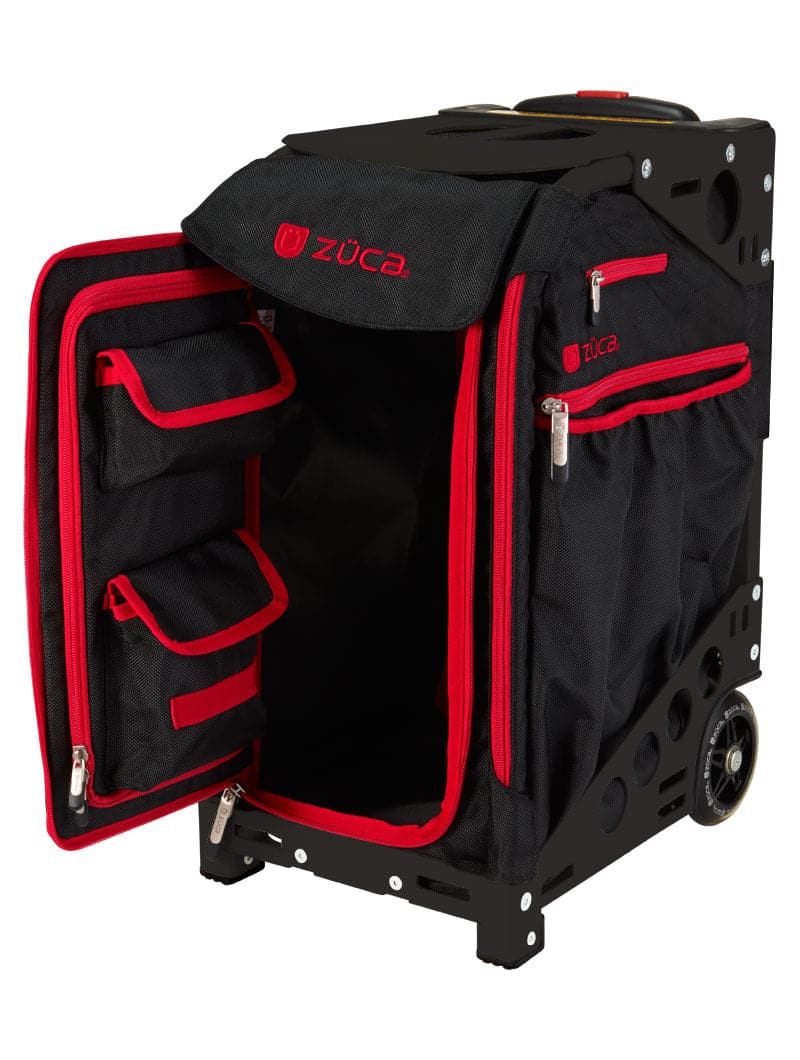 The ZUCA Pickleball Pro Black/Red is a rolling pickleball bag featuring a sturdy metal frame, red trim, outer zippered pockets, wheels for easy transport, and an open front flap with two mesh interior pockets for your gear.