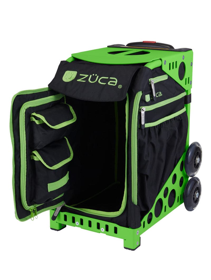 The ZUCA Pickleball Sport Black/Green bag features a spacious main compartment, inner zippered pockets, mesh side pocket, sturdy double wheels, and a top handle—ideal for carrying all your pickleball gear.