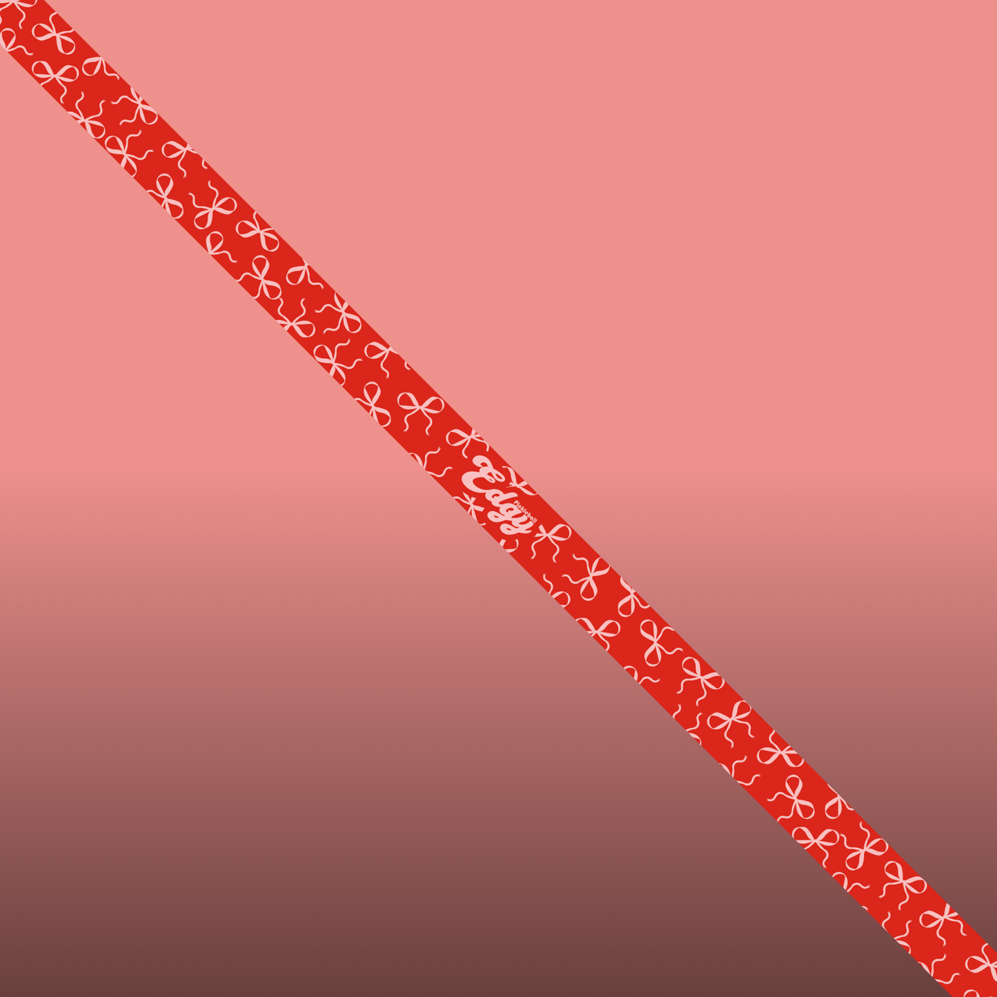 The Pink Bows Edge Tape (3 pack) by Edgy Pickleball features a diagonal red ribbon with pink bows and “Enjoy!” over a pink-maroon gradient, adding a stylish accent to any paddle.