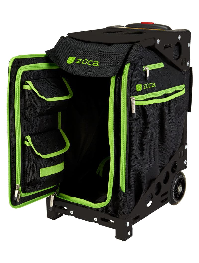 The ZUCA Pickleball Pro Black/Green bag features a sturdy metal frame, large wheels, side pockets, and a telescoping handle. The open front compartment reveals interior pockets and ample space for pickleball gear.