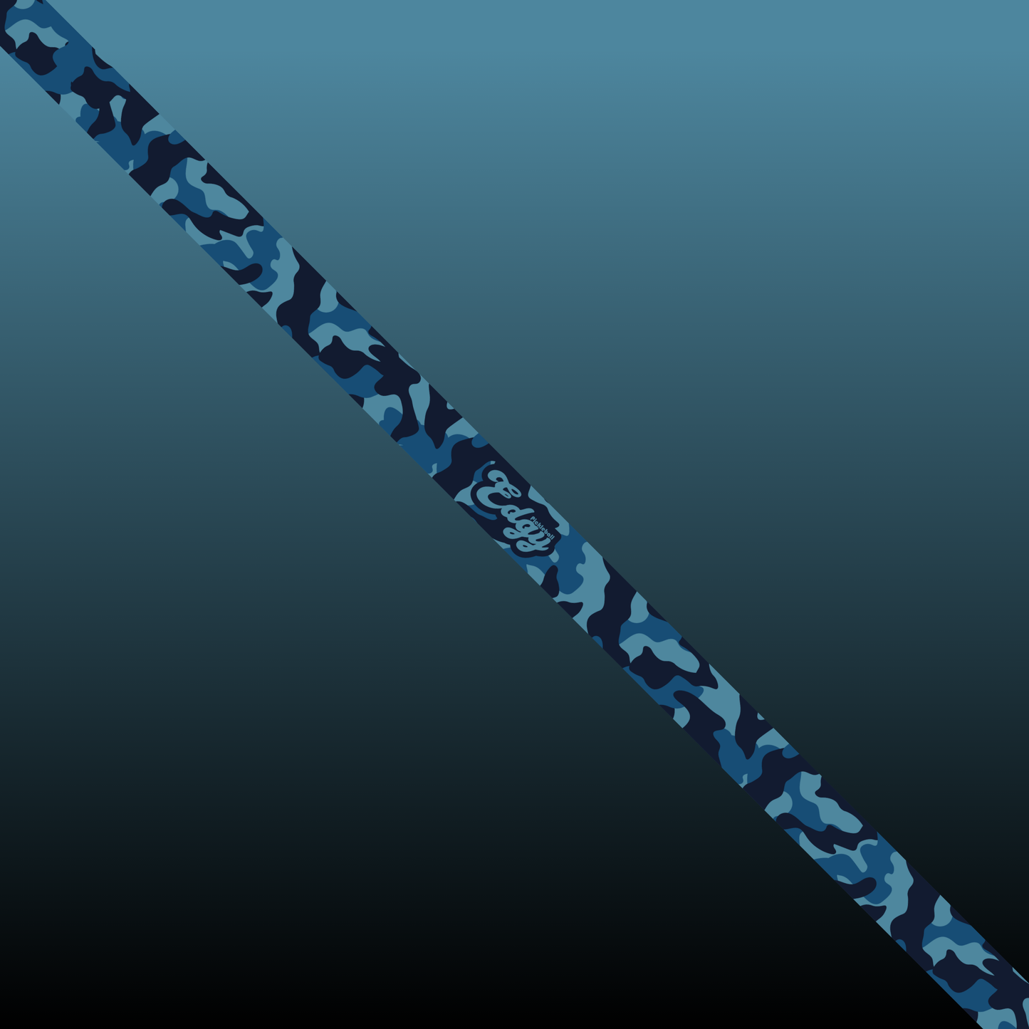 A diagonal blue camo strip, resembling pickleball paddle edge tape, crosses a teal-to-black gradient background. "Cozy" in white script appears near the center. Product: Blue Camo Edge Tape (3 pack) by Edgy Pickleball.