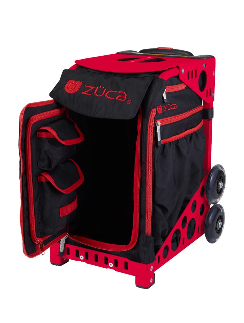 The ZUCA Pickleball Sport Black/Red rolling bag features a metal frame, two large wheels, sturdy handle, zippered front flap, two interior pouches, and a spacious compartment for organized pickleball gear storage.