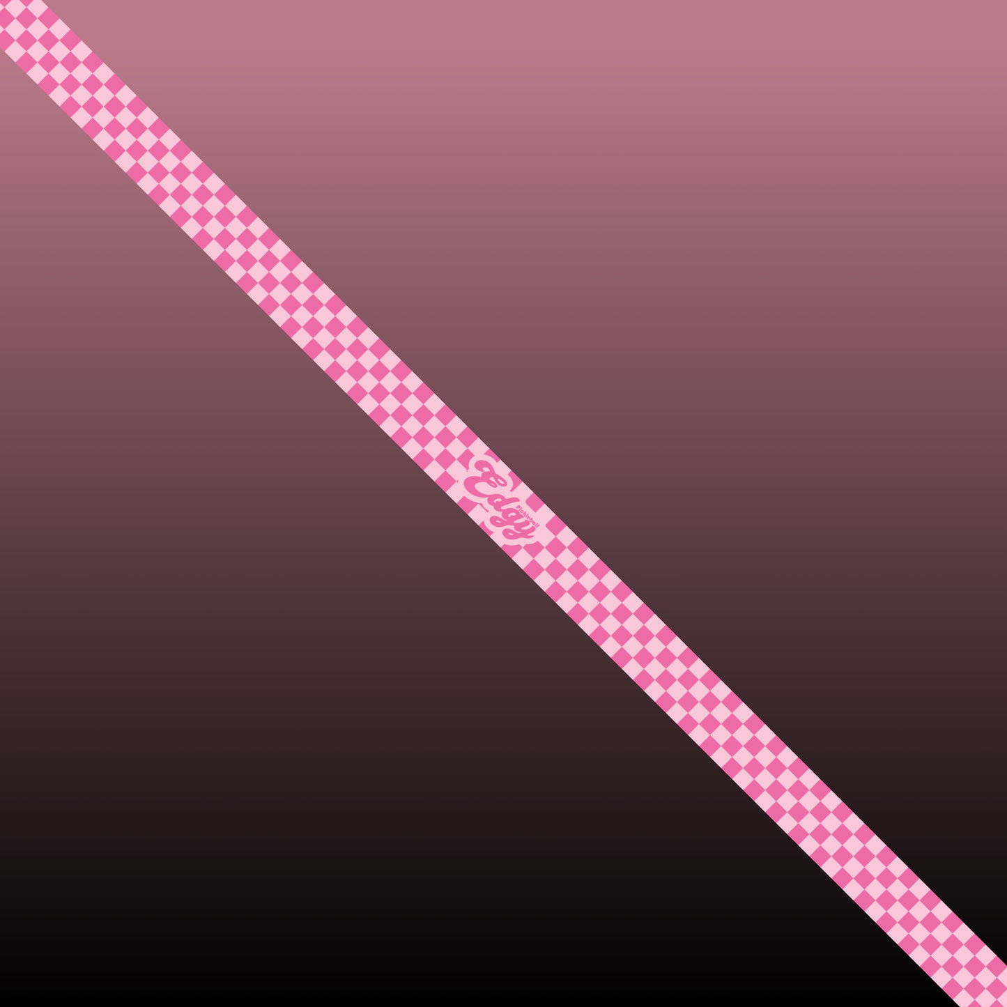 A pink and purple checkerboard ribbon, inspired by Edgy Pickleball's Pink Checkers Edge Tape (3 pack) for pickleball paddles, runs diagonally over a mauve-to-dark brown gradient with "Enjoy" in decorative script at the center.