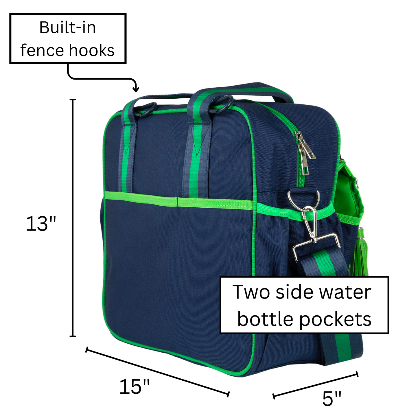 The Prepster Pickleball Bag by Queen of the Court features navy blue and green design, two top handles, shoulder strap, front pocket, side water bottle pockets, built-in fence hooks (13"x15"x5"), and labeled features for sporty style and convenience.