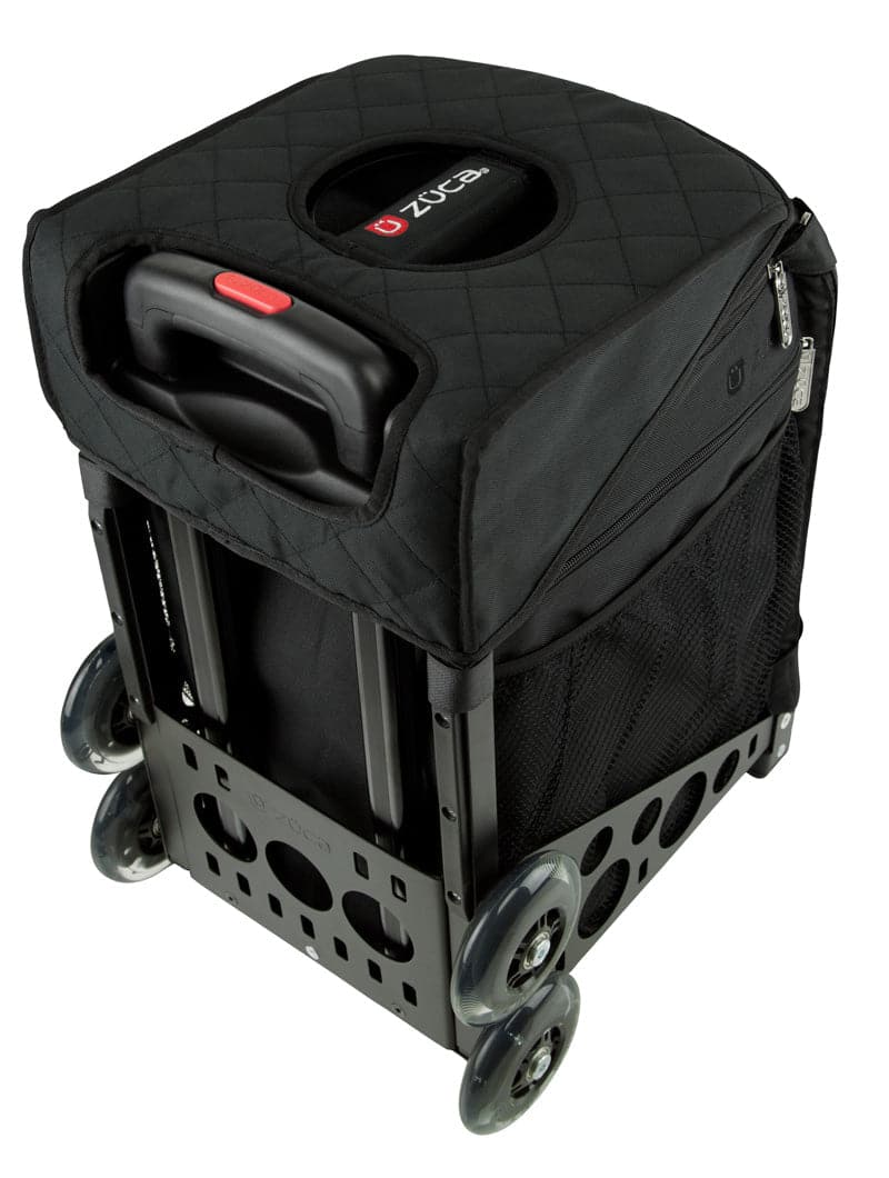 A black ZUCA rolling storage cart with a quilted handle cover, metal frame, four clear wheels, side mesh pocket, and red-and-white “ZUCA” logo. Compatible with any ZUCA accessory like the Reversible Seat Cushion for extra comfort and style.