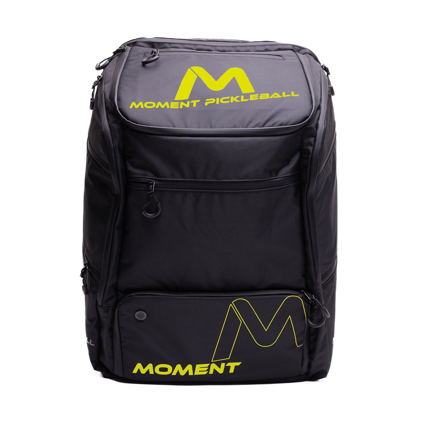 The MW-PRO Bag / Travel Bag Black/Yellow by Moment Pickleball is a spacious black backpack featuring neon yellow branding and logo on the front pockets, plus multiple zippered compartments for all your pickleball gear.