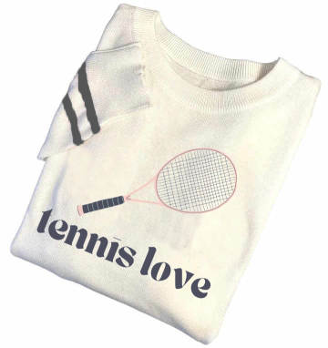 The Runway Athletics Tennis Sweater - Tennis Love features thin black sleeve stripes, a front tennis racket graphic, and “tennis love” in bold black letters—offering a chic, sporty look on a crisp white background.