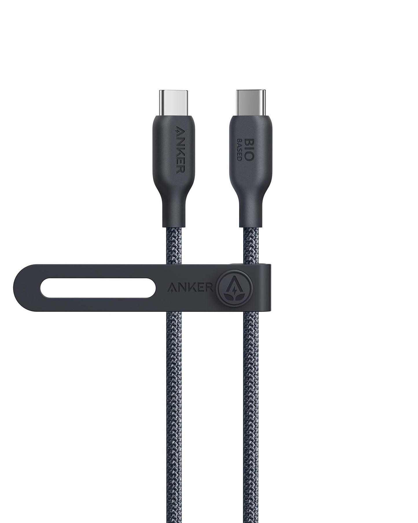 The Anker 543 USB-C to USB-C Cable (Bio-Braided, 6 ft) features black bio-based nylon, two connectors marked “ANKER” and “BIO BASED,” plus a matching Anker-logo strap with a slot for tangle-free storage.