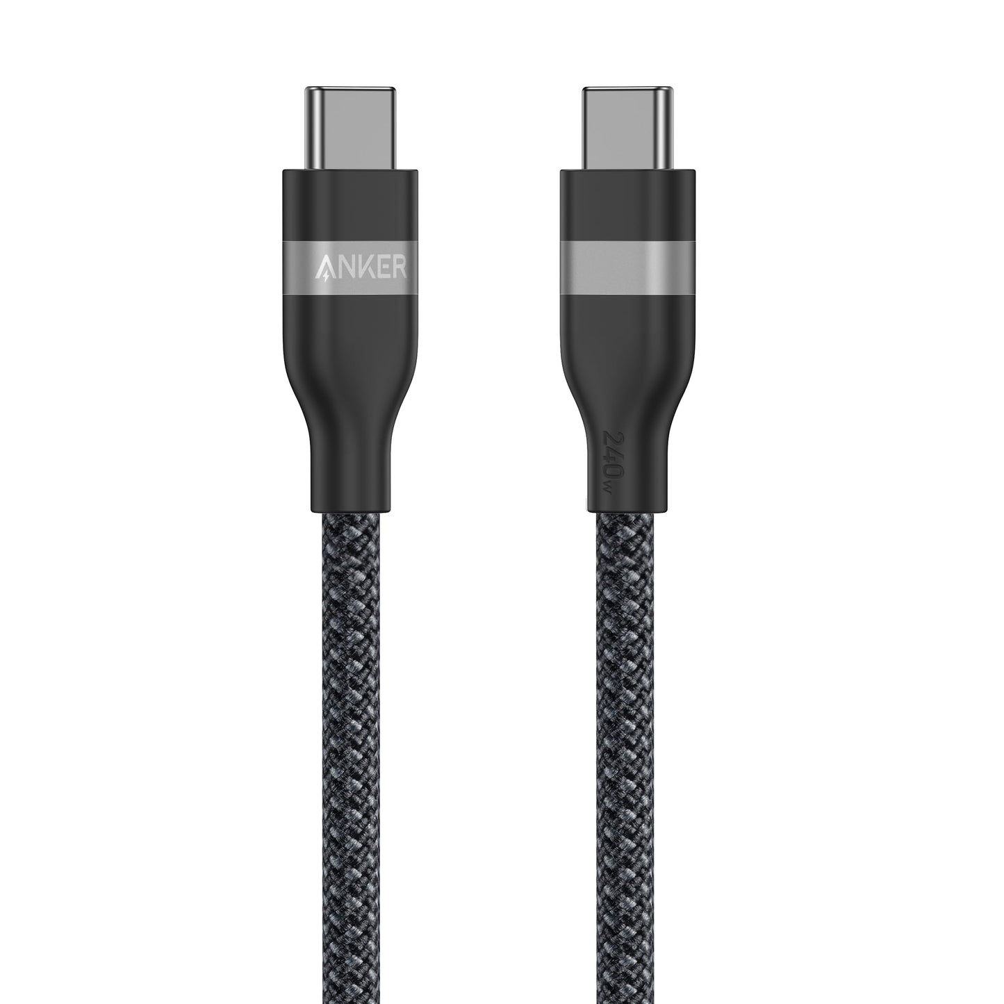 The Anker USB-C to USB-C Cable (3 ft / 6 ft, 240W, Upcycled-Braided) features a black and gray braided design, ultra-durable connectors—one with ANKER branding and the other with a metallic band and subtle “240W” text—for reliable charging.