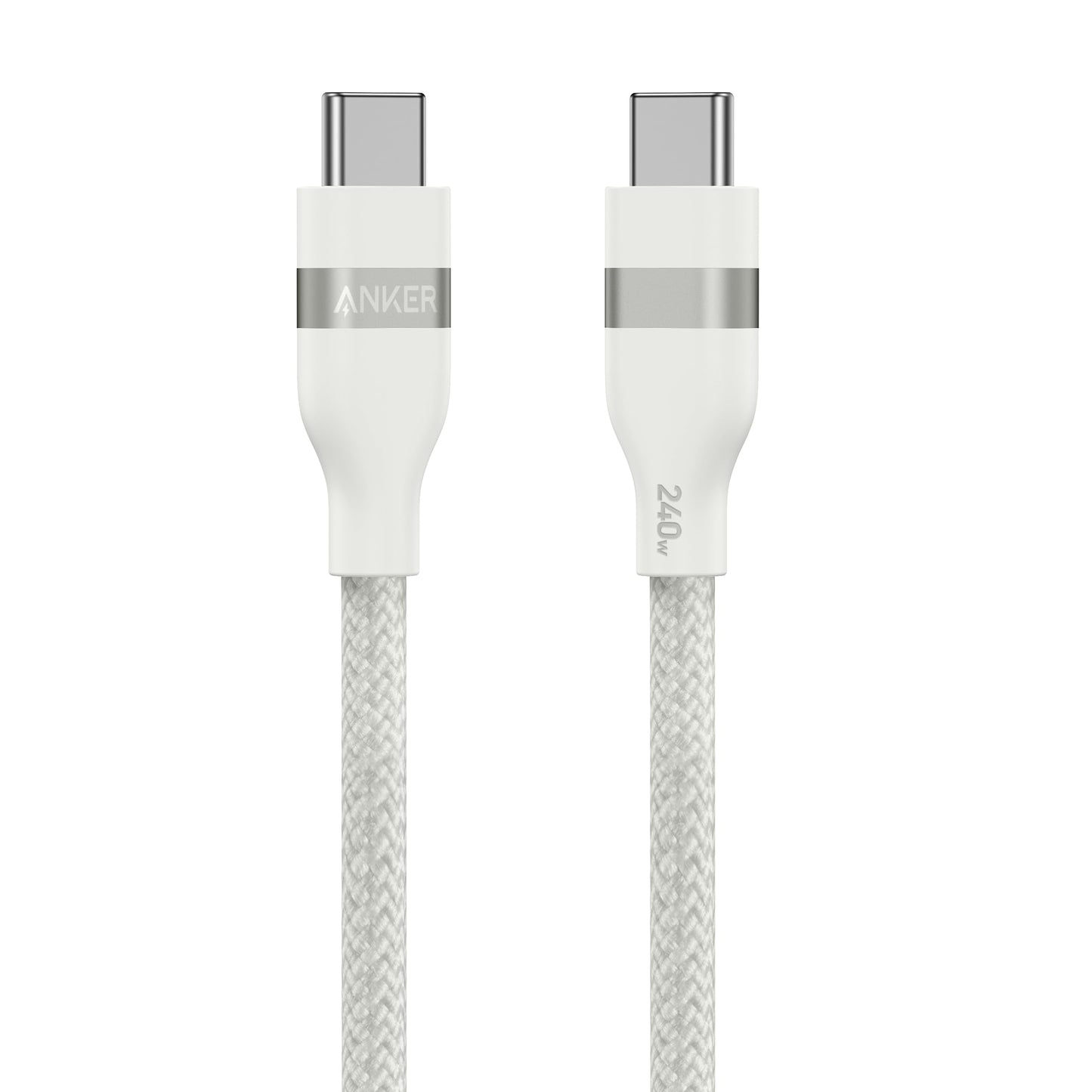 The Anker USB-C to USB-C Cable (3 ft/6 ft) features a white upcycled-braided design, 240W fast charging, metallic accents near the connectors, and clear labeling for durability and modern style.