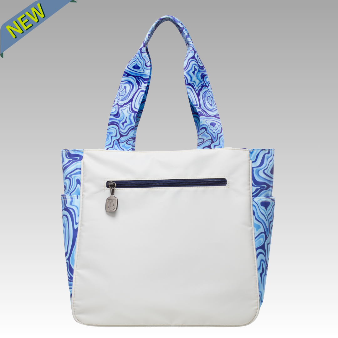 The Lulu Pickleball Tote by Playly Store is a white tote with blue marbled-pattern handles and side panels, plus a front zippered pocket with a silver pull. A NEW label appears at the top left on a light gray gradient background.