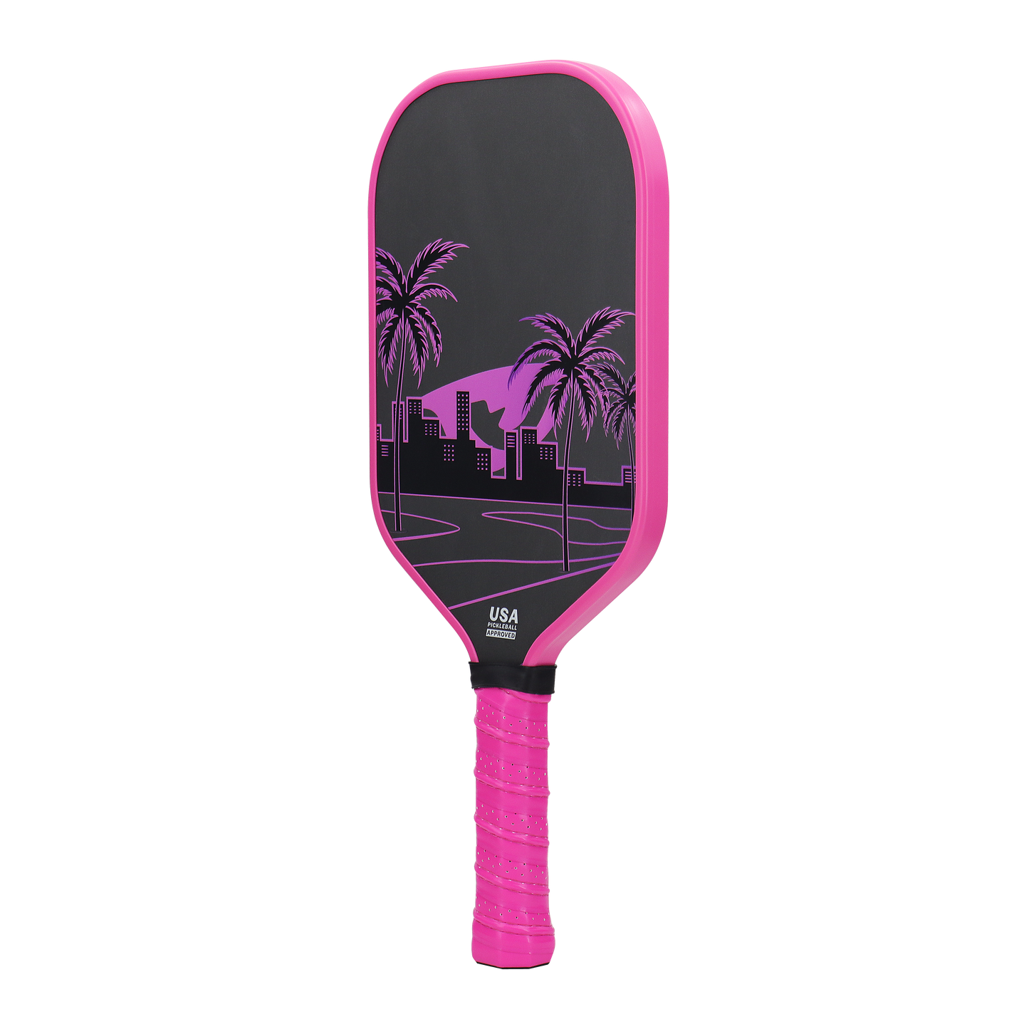 The KONDOR PICKLEBALL Vibe Pro Power - TROPIXX SERIES is a raw carbon pickleball paddle featuring a bright pink edge and grip, with a black face displaying a pink city skyline, palm trees, mountains, and "USA Pickleball Approved" near the handle.
