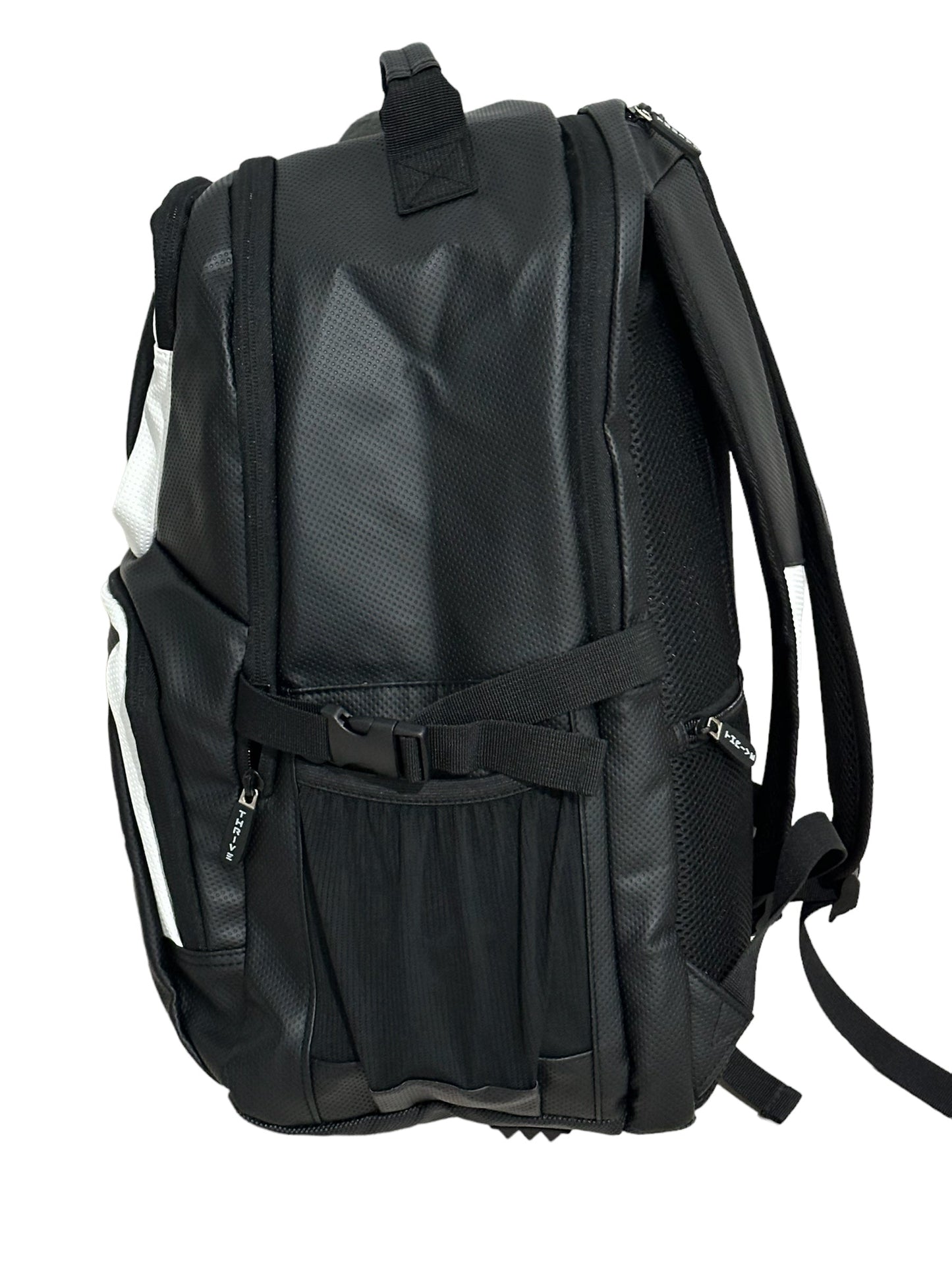 A side view of the Thrive Pickleball Elite Backpack w/shoe bag in black, featuring zippered compartments, adjustable shoulder straps, a top handle, mesh side pocket, and front buckle strap. The durable material has a slightly textured look.