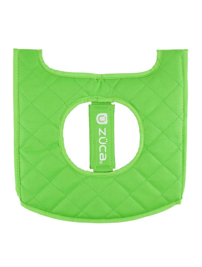 The ZUCA Reversible Seat Cushion is a bright green, quilted pad with a large circular cutout, diamond stitching for comfort and style, and a green strap labeled ZUCA in white text.