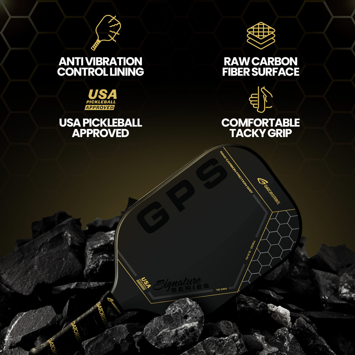 A black carbon fiber GATORSTRIKE™ Gold Pro Series paddle rests on dark rocks. Four icons show anti-vibration foam, a responsive sweet spot, USA Pickleball approval, and a comfortable, tacky grip.