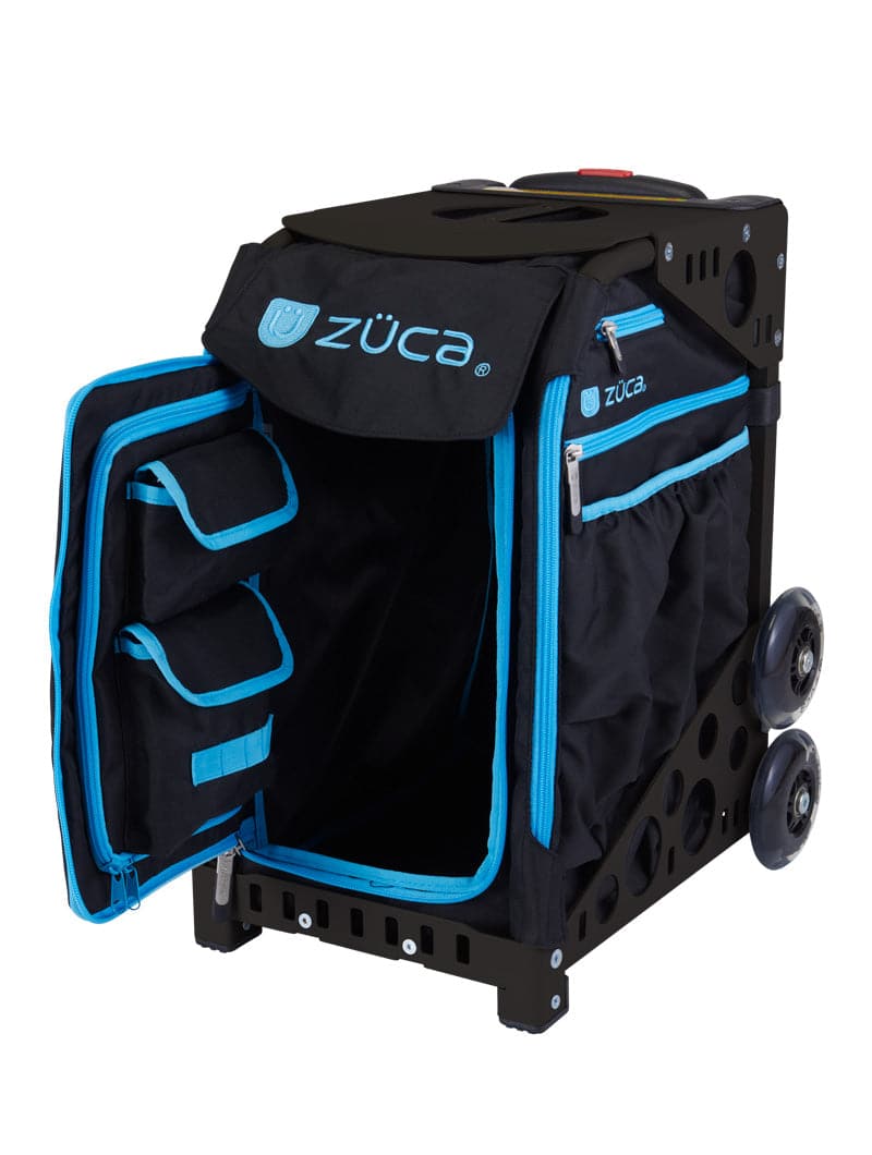 The ZUCA Pickleball Sport Black/Blue bag features a sturdy frame, open main compartment, side pockets, zippered sections for organized storage, and two large wheels—perfect for pickleball players on the go.